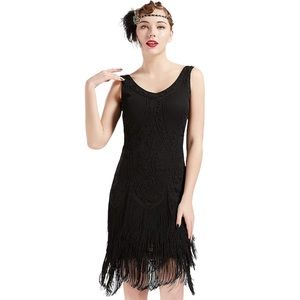 Black fringe dress roaring twenties flapper